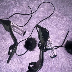 Black Tie Up Fur Ball Heels